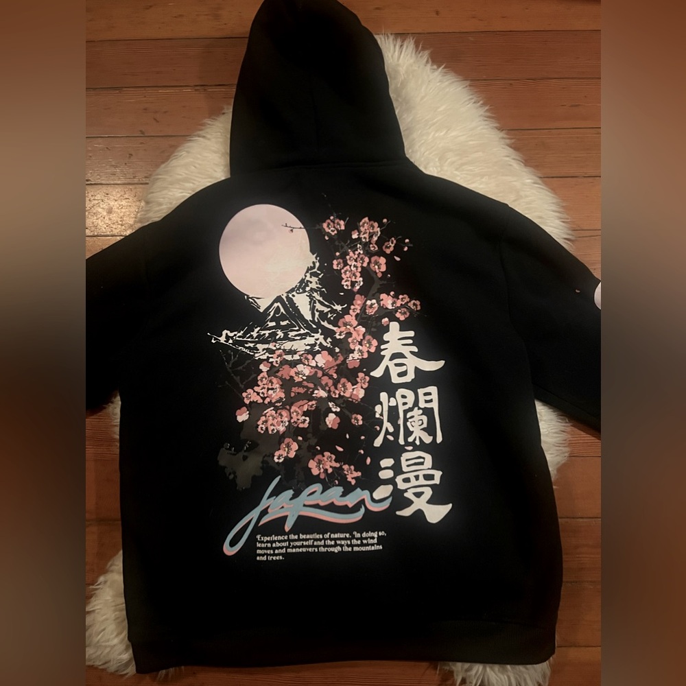Black Pink Japanese Graphic Hoodie Sweatshirt Cherry Blossom Nature Zen